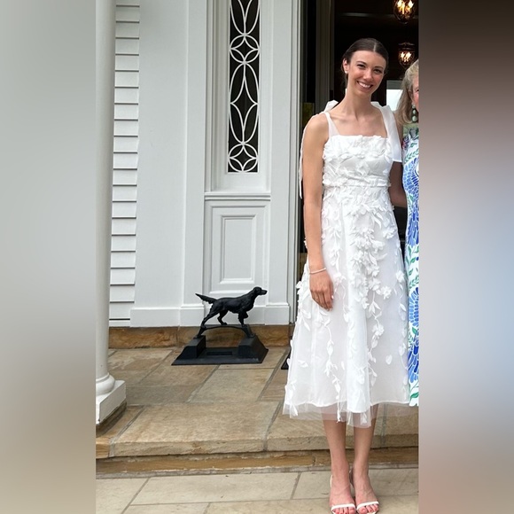 White Tulle 3D Floral Tie-Strap Bow Midi Dress - Picture 9 of 10